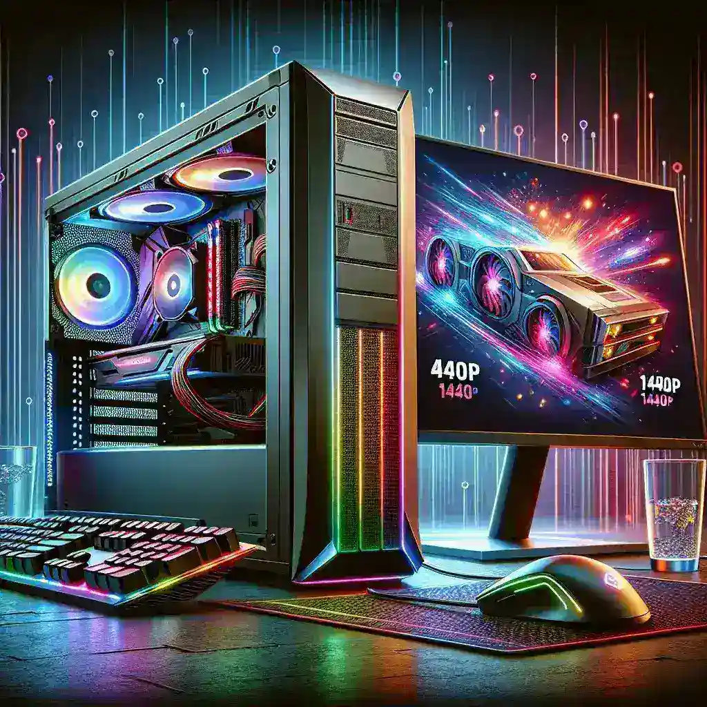 "Budget gaming PC setup showcasing components optimized for 1440p gaming performance on AAA titles, including a sleek tower case, high-performance graphics card, and multiple monitors for immersive gameplay."